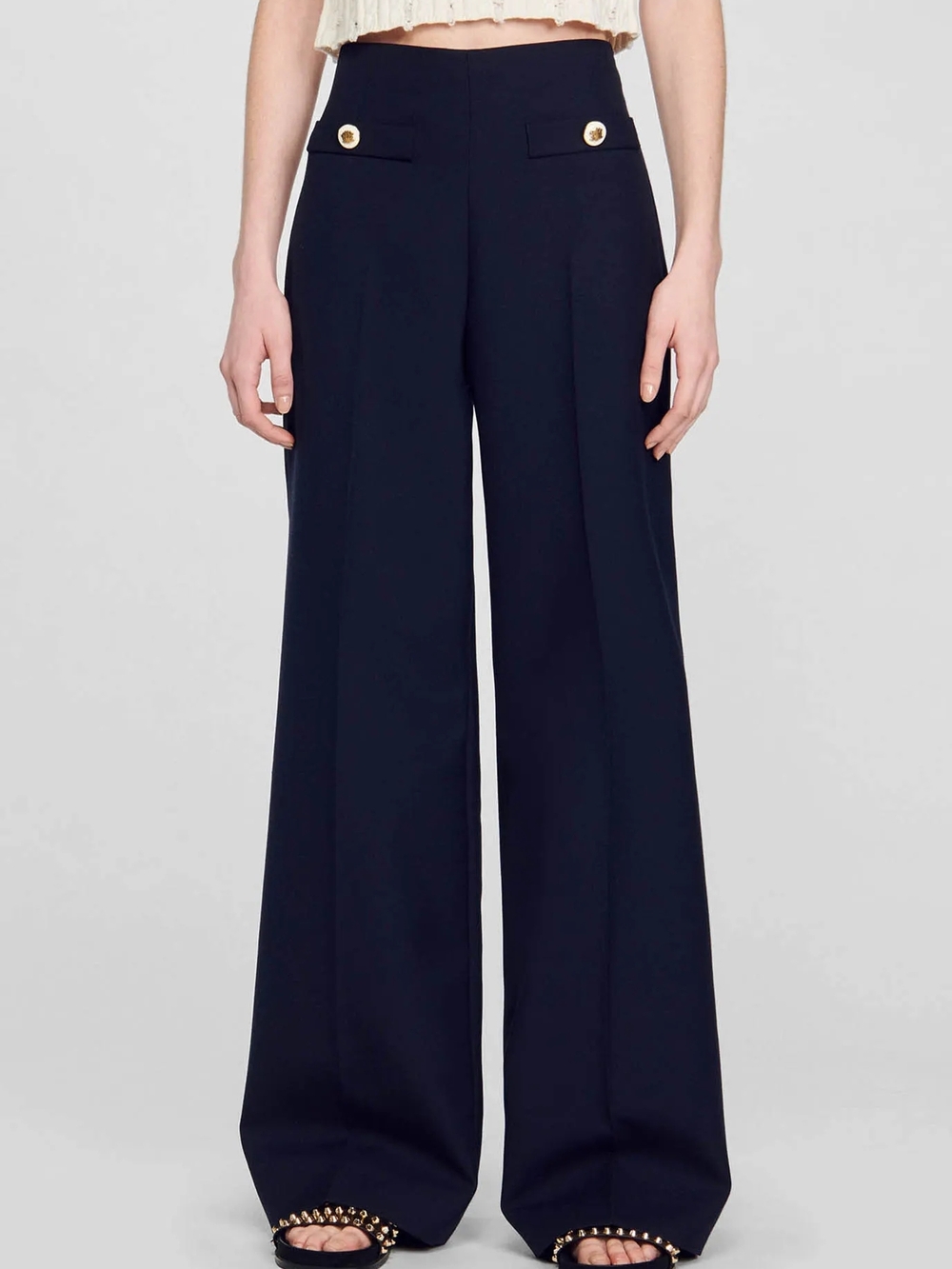 SANDRO Navy Wide-Leg High-Rise Pants with Gold Buttons Size 4 (36 FR) NWOT